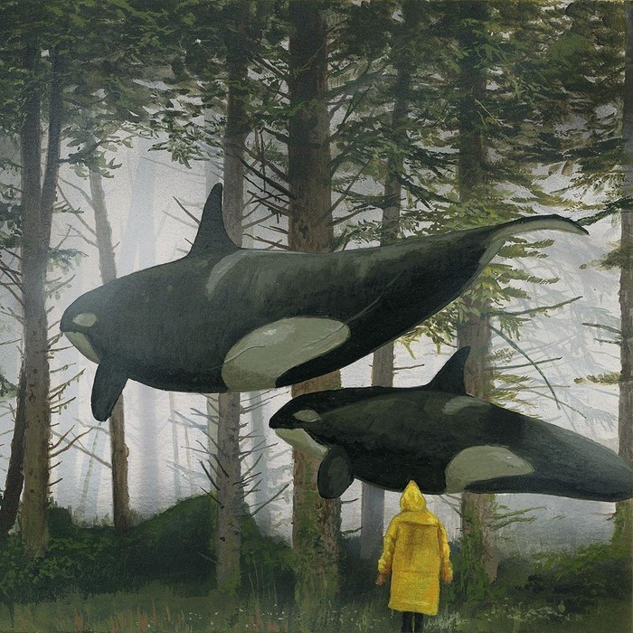 A watercolor painting of two killer whals floating through a foggy pine forest. A girl in a yellow raincoat stares at them curiously.