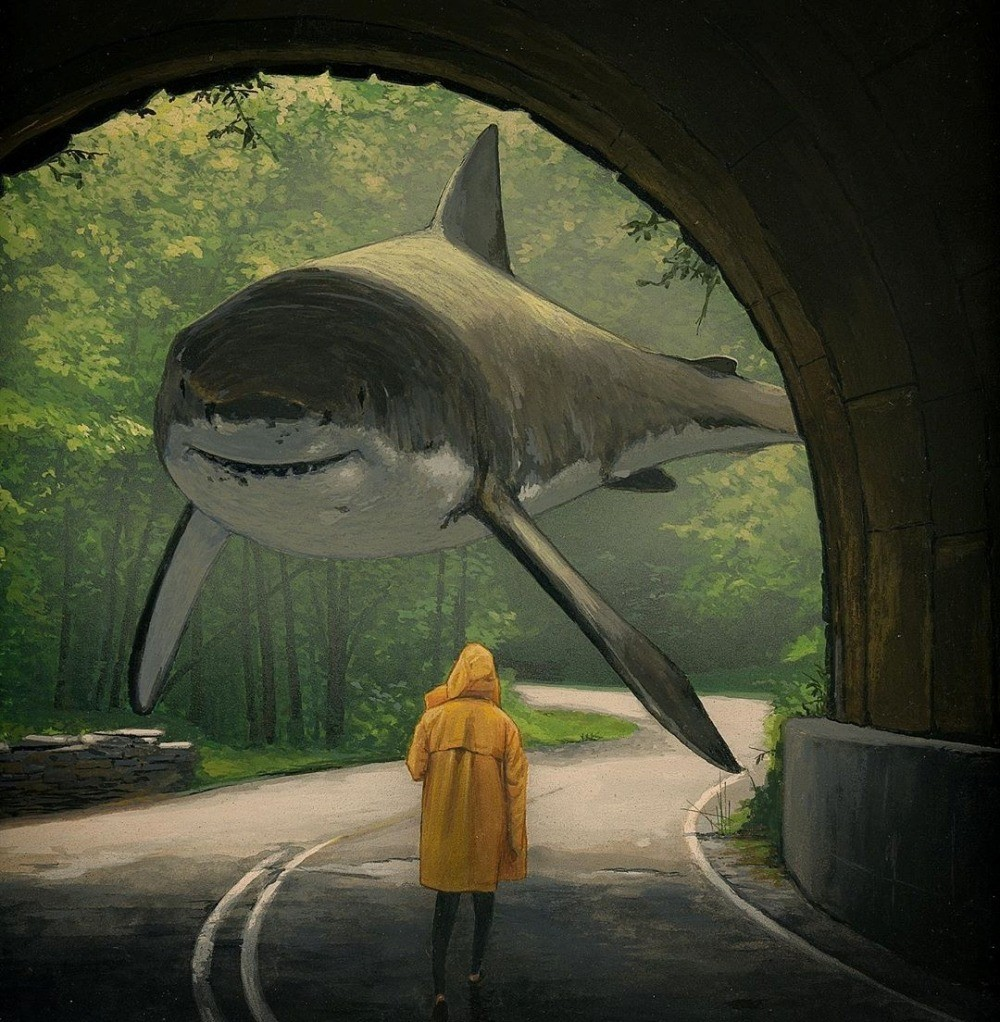 A watercolor painting of a great white shark floating in the entryway of a road tunnel. There is a forest in the backround. A girl in a yellow raincoat, her back facing the viewer, is standing in front of the shark.